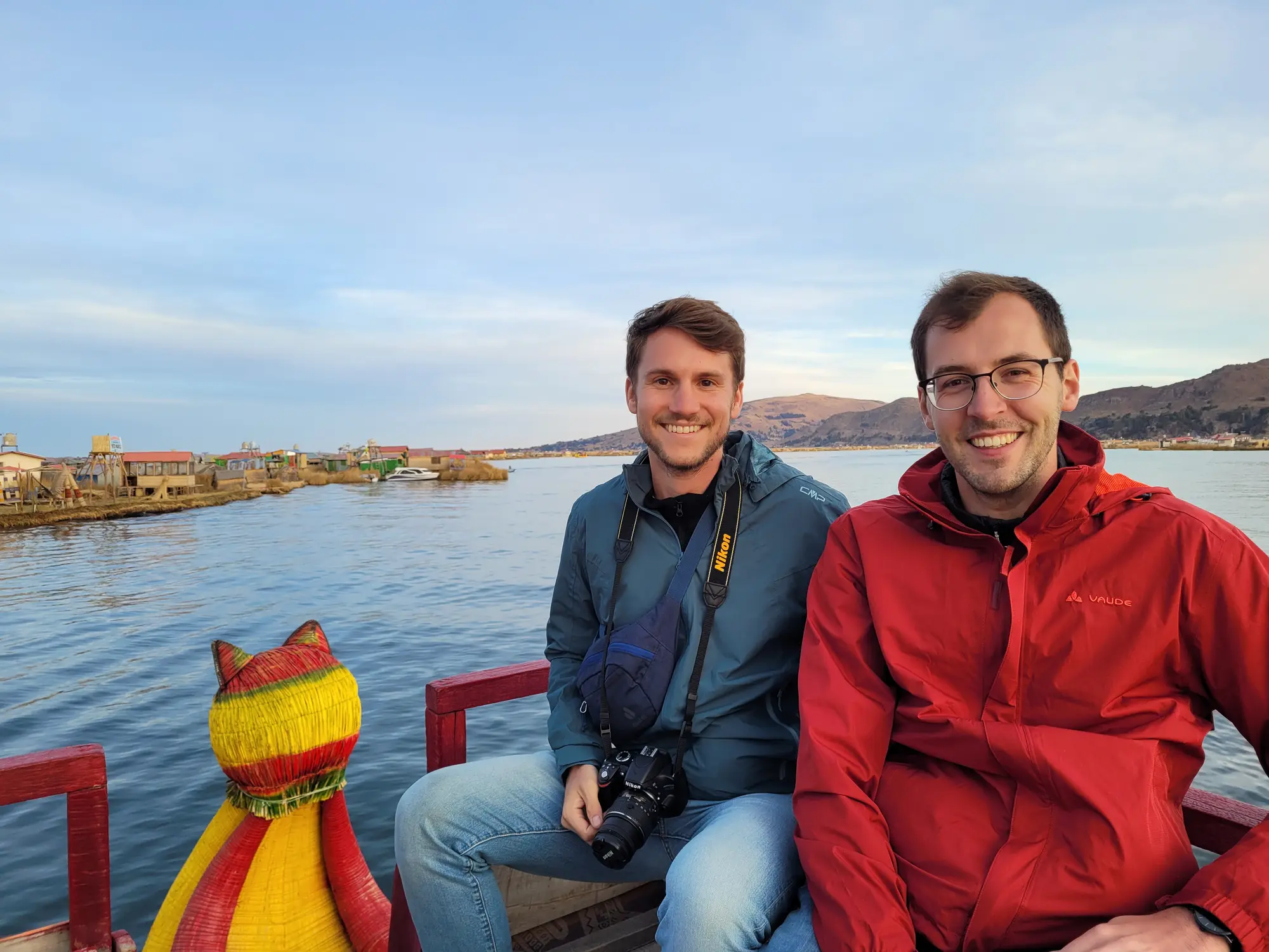 Sitting in a colorful reed boat on Lake Titicaca
