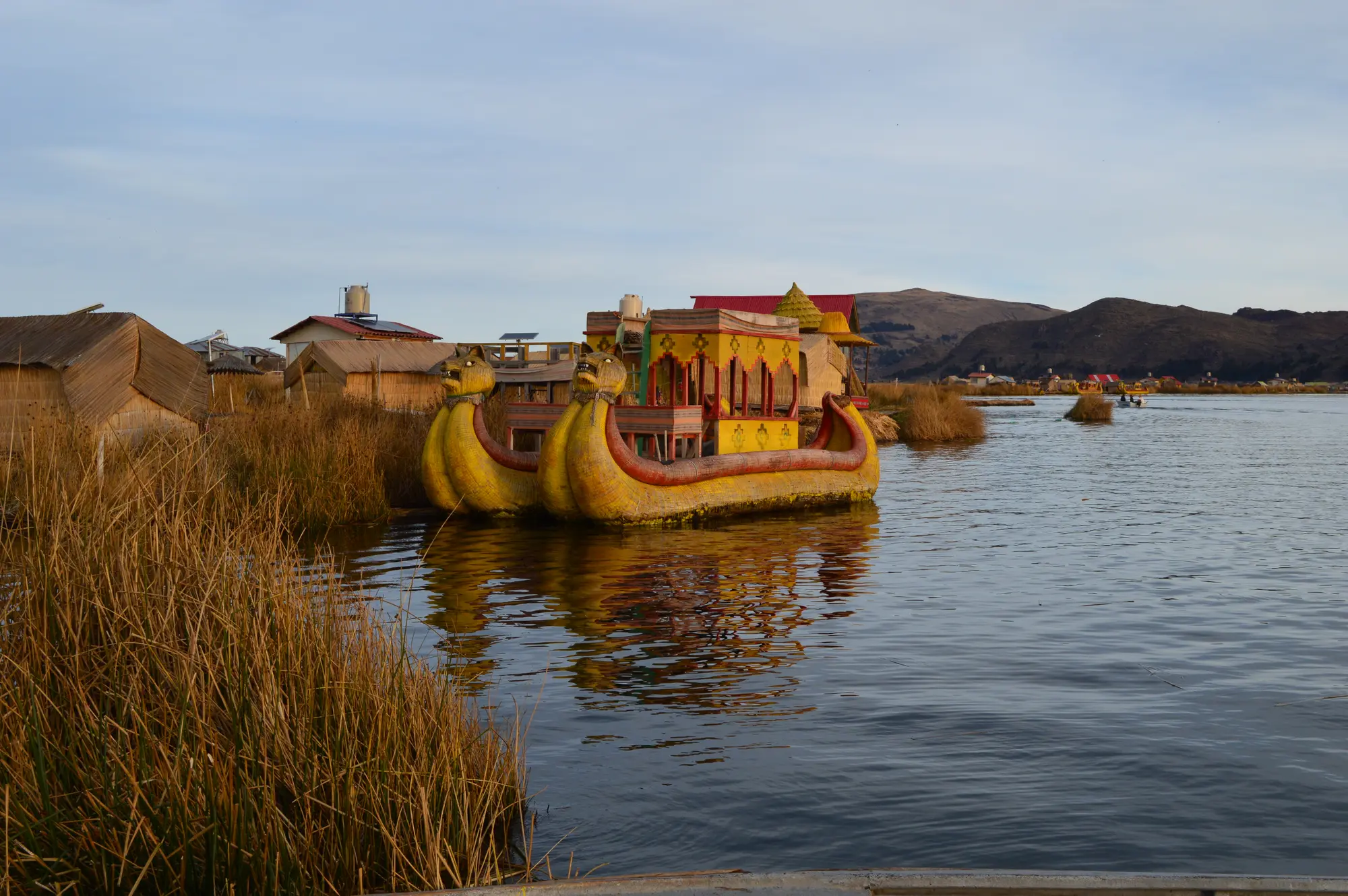 Reed boat and floating islands on Lake Titicaca