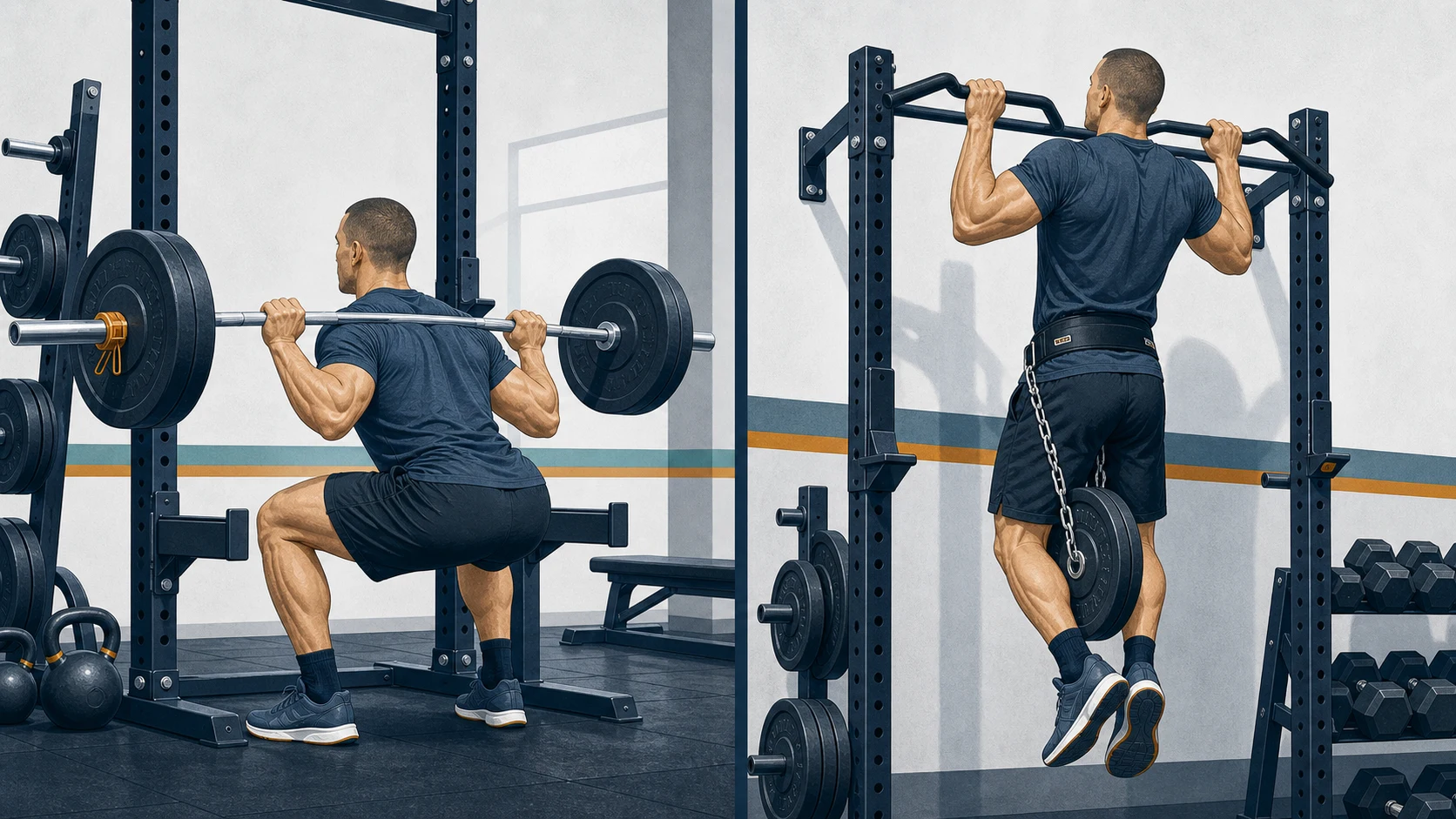 Gym illustration showing back squats and weighted pull-ups.
