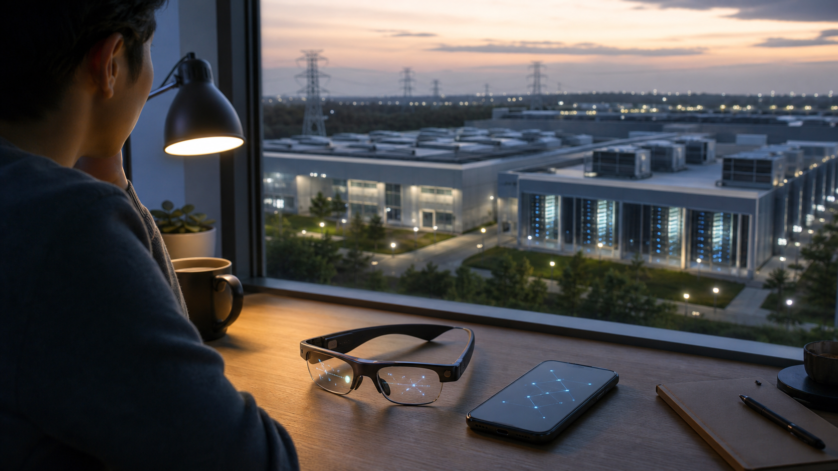 Smart AI glasses and a smartphone on a desk, with a clean modern data center campus visible outside the window at dusk.