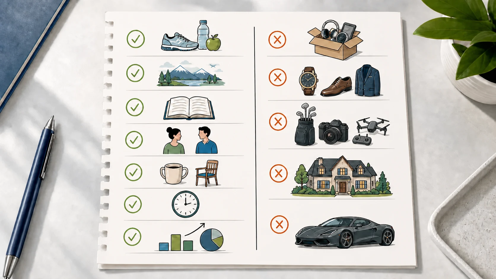 Illustration of a two-column spending checklist comparing value-aligned purchases with purchases to avoid.