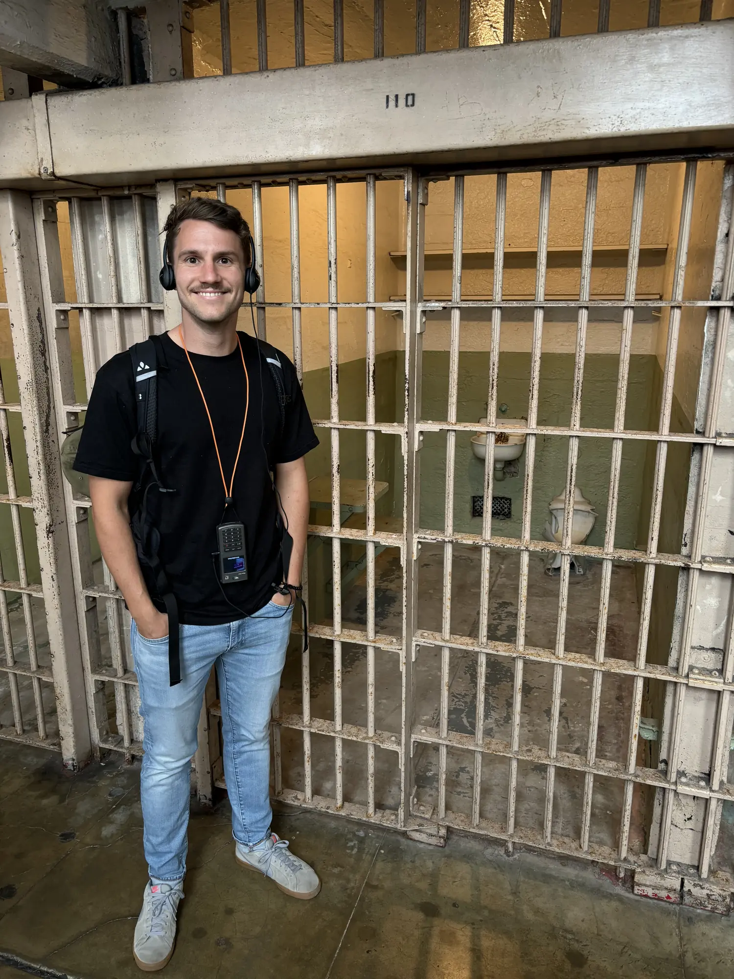 Standing inside the Alcatraz prison cellblock