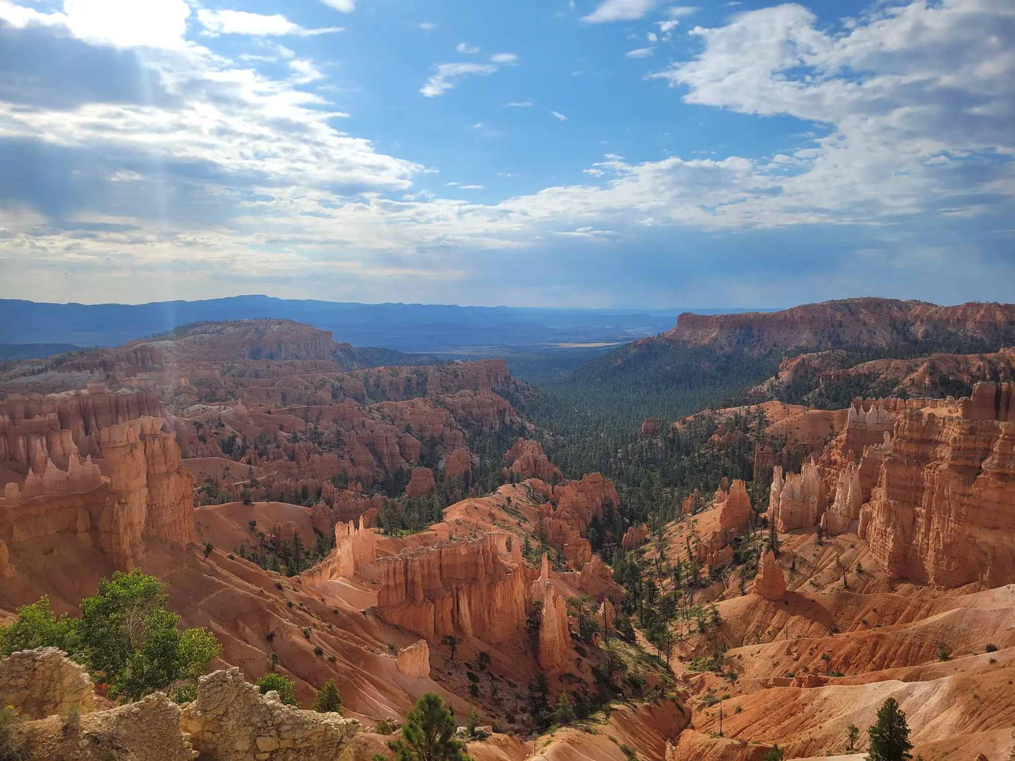 Bryce Canyon amphitheater with orange hoodoos under a bright sky
