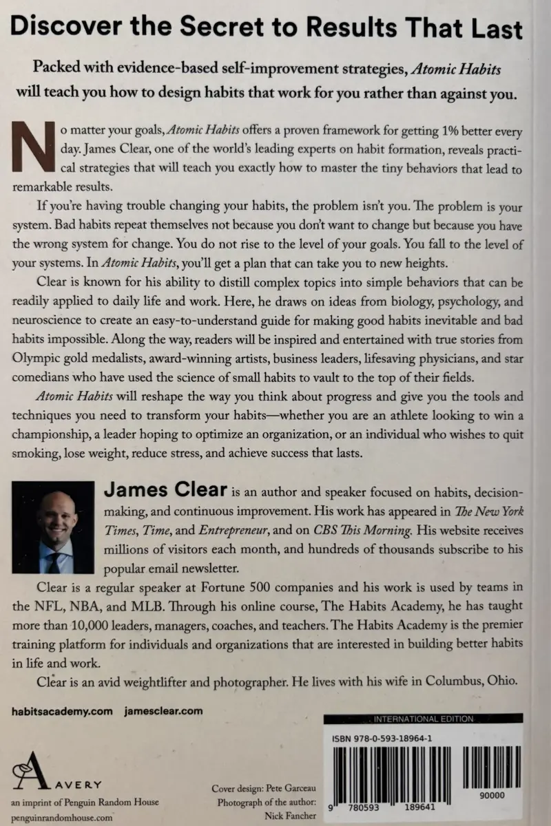 Back cover of Atomic Habits by James Clear