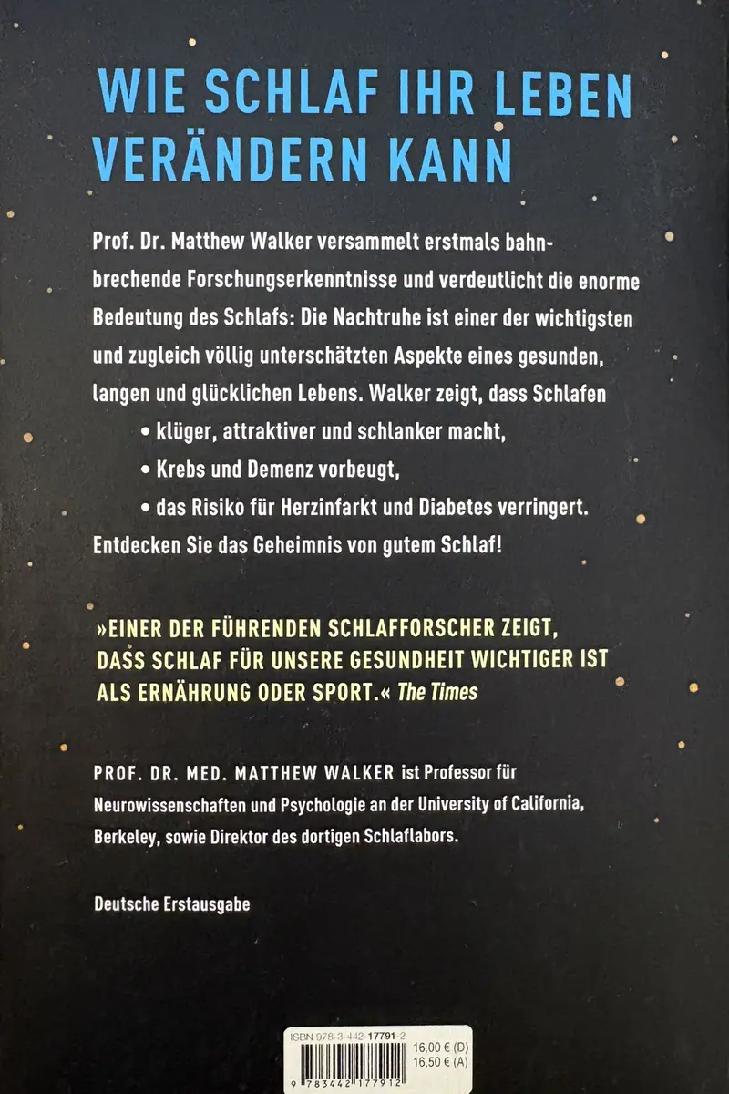 Back cover of Das gro&szlig;e Buch vom Schlaf by Matthew Walker