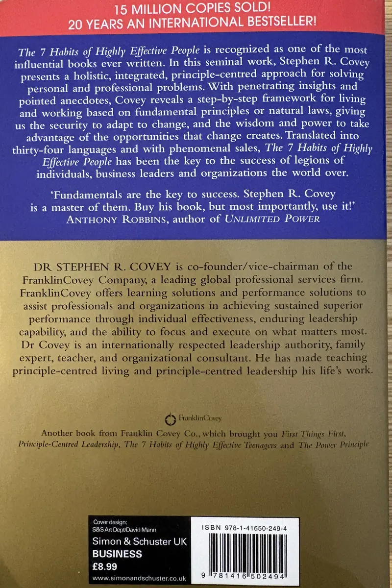 Back cover of The 7 Habits of Highly Effective People by Stephen R. Covey