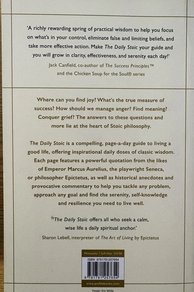 Back cover of The Daily Stoic by Ryan Holiday and Stephen Hanselman