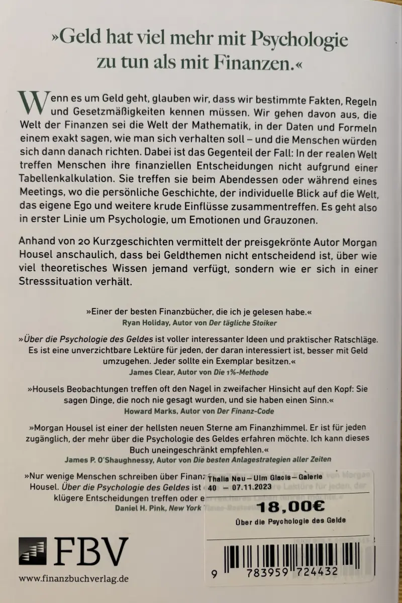 Back cover of &Uuml;ber die Psychologie des Geldes by Morgan Housel